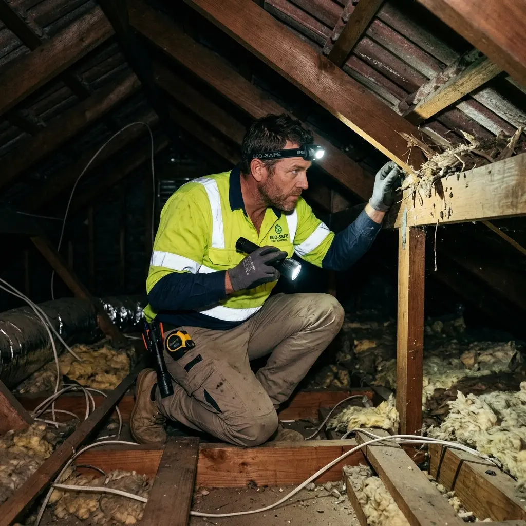 Technician inspecting a roof cavity for a dead animal in Sunshine West